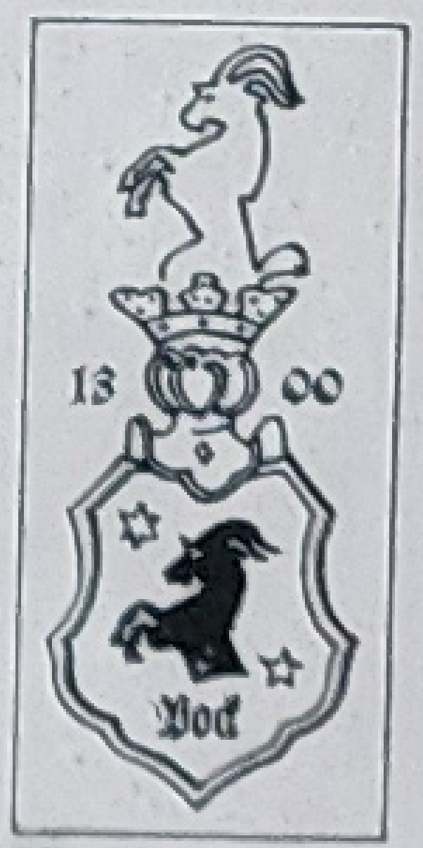 sideview of a drawing of a goat sitting upright on a crown at the top of a shield with two stars and a sideview of a goat, Bock written at the bottom