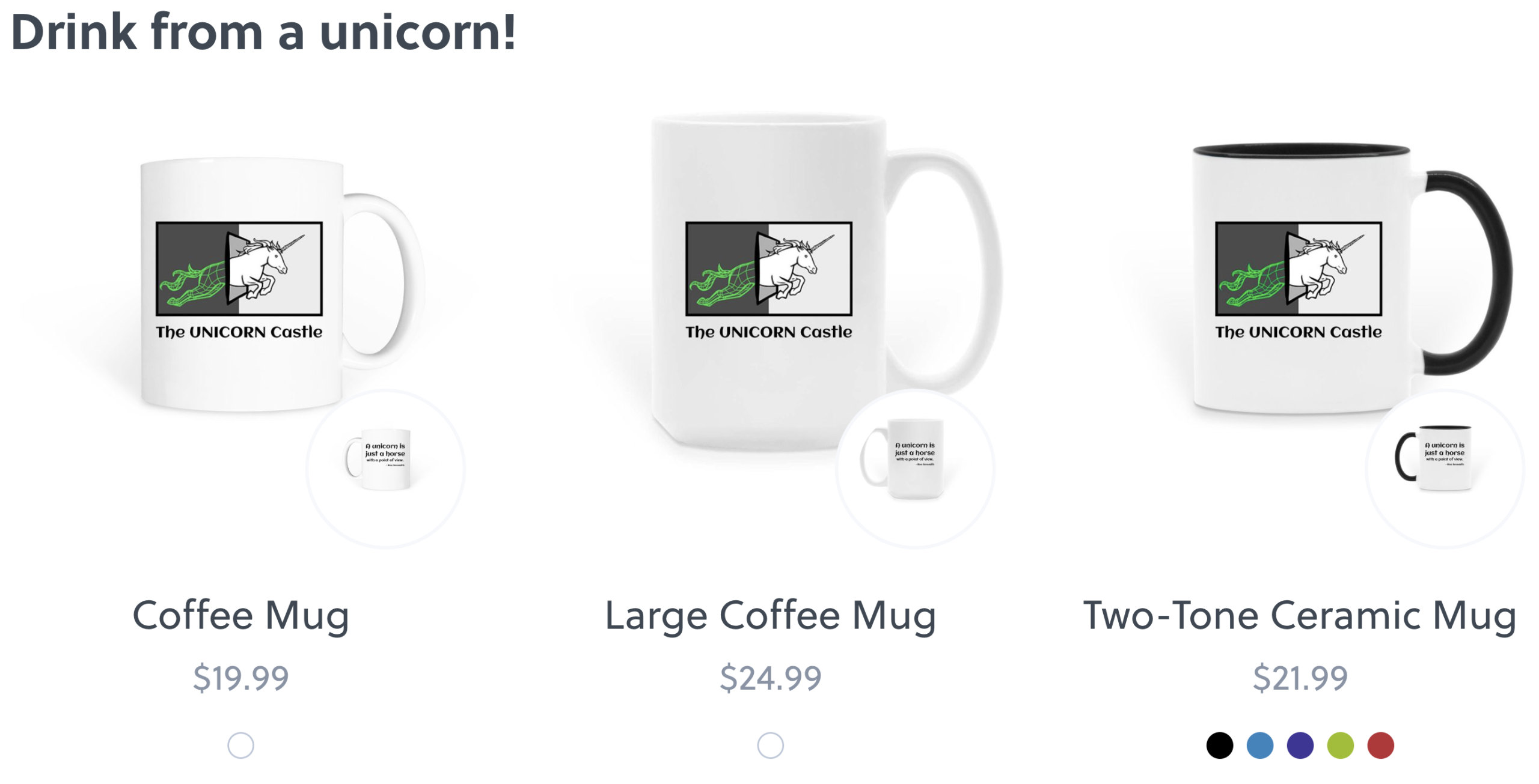 various mugs with the UNICORN Castle logo on them