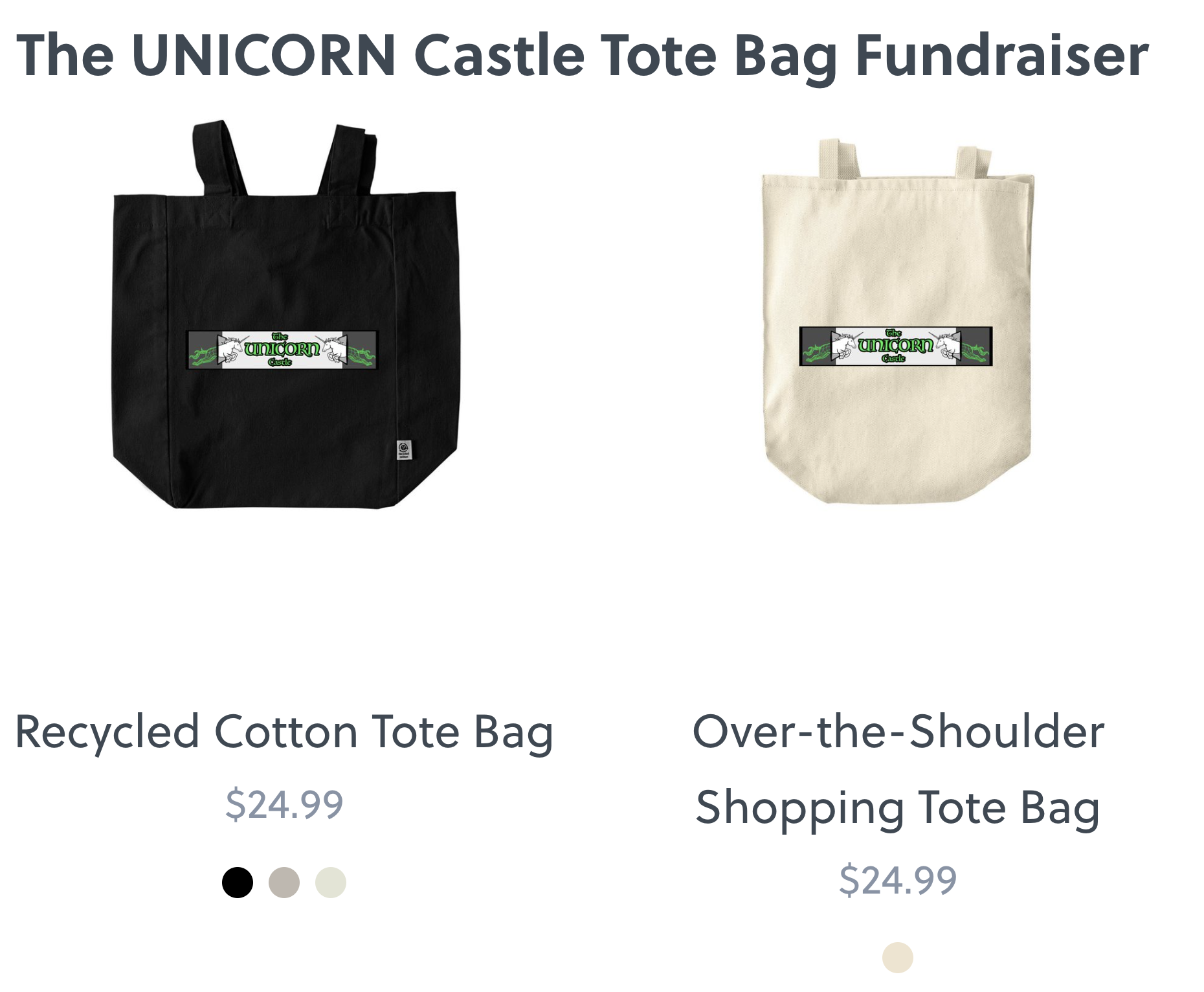 two types of tote bags with the UNICORN Castle logo on them