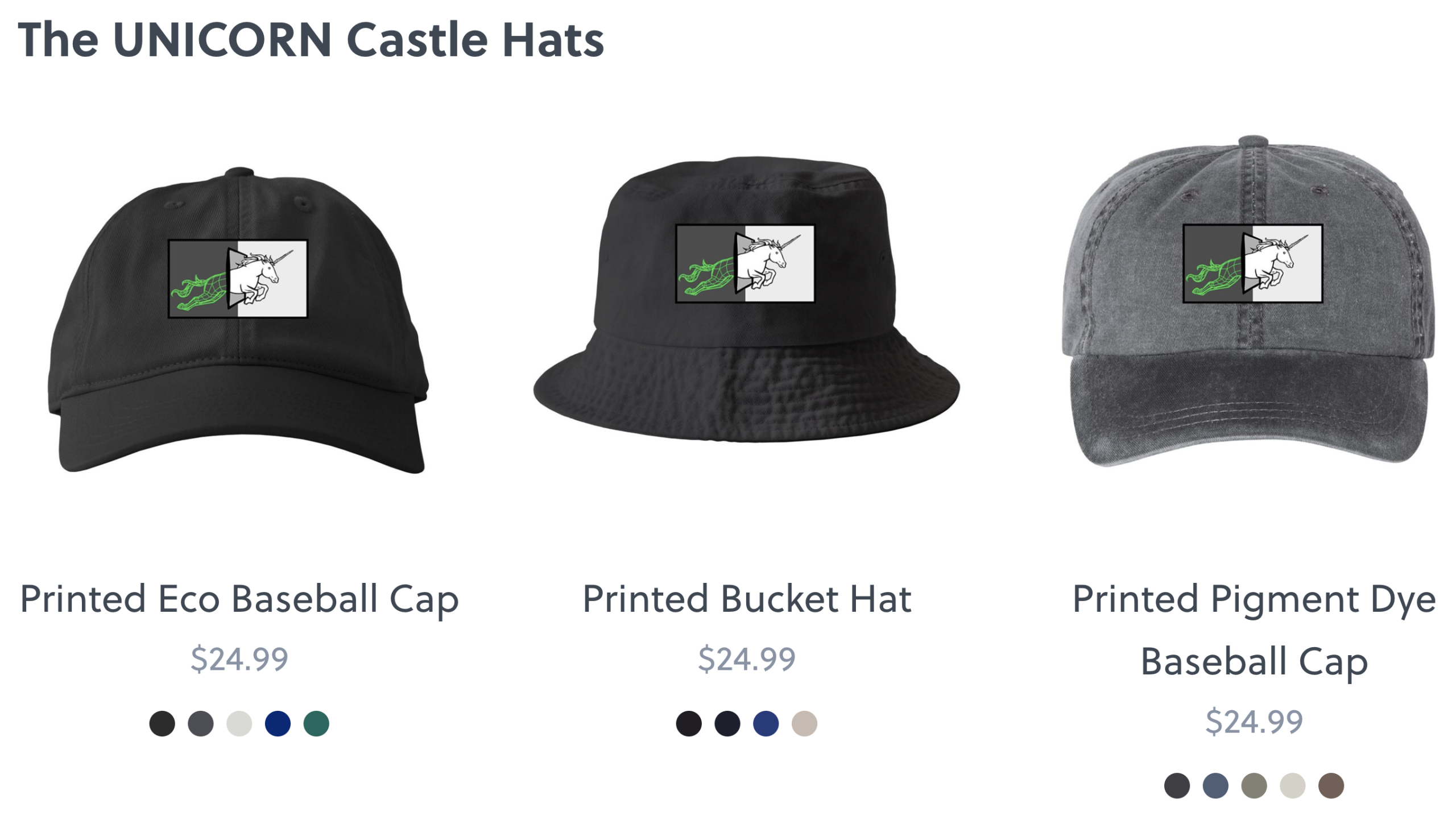 VARIOUS HATS with the UNICORN Castle logo on them
