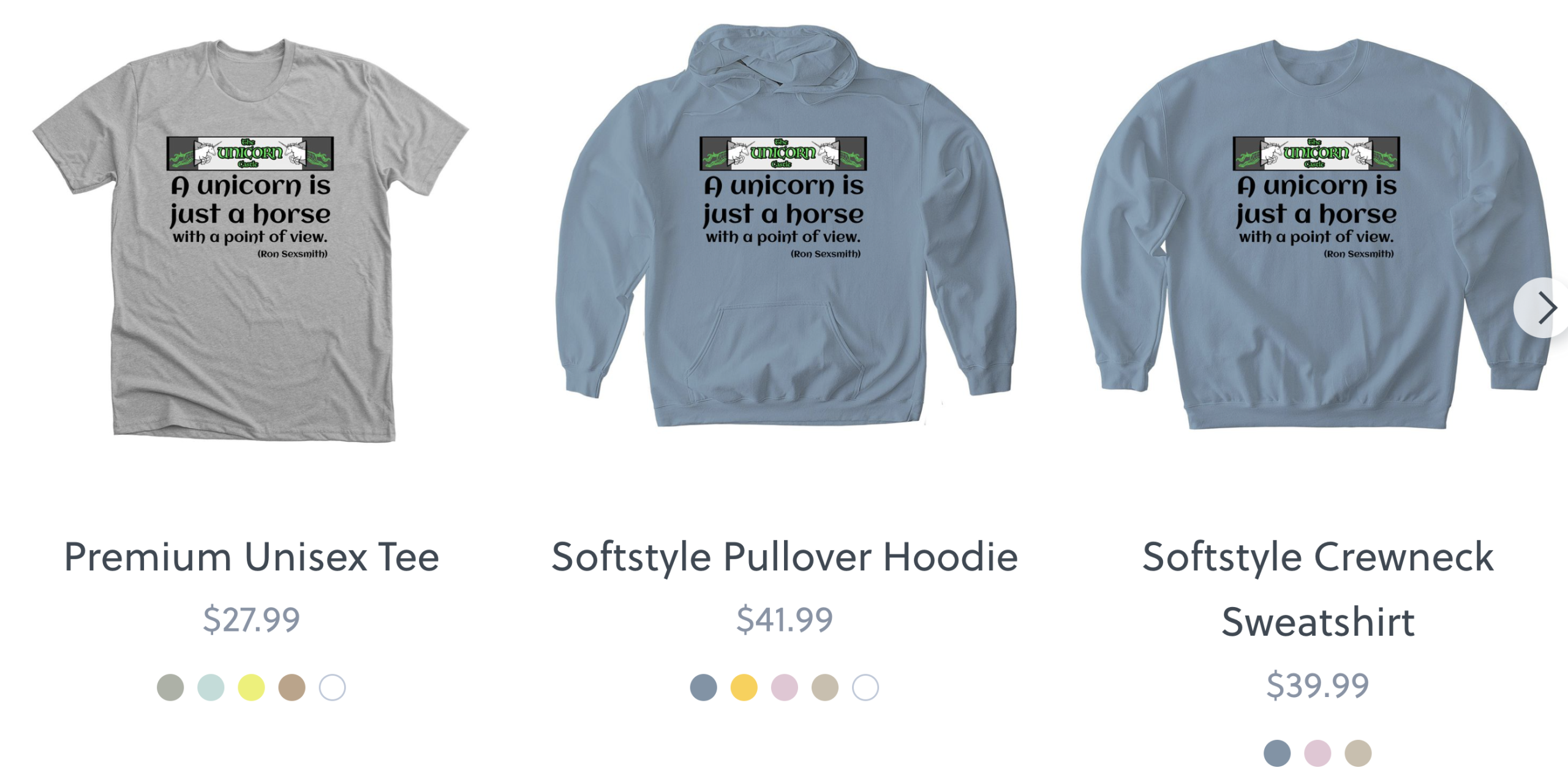 t-shirt, hoodie, sweatshirt with UNICORN Castle logo and "A unicorn is just a horse with a point of view." (Ron Sexsmith)